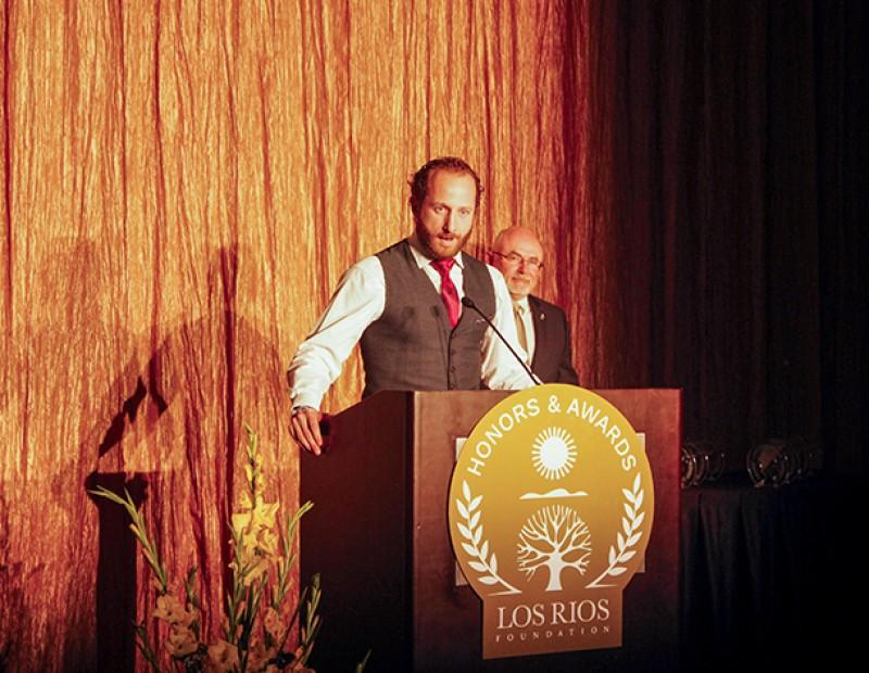Former Oakland Athletics player and American River College alumnus Dallas Braden speaks to attendees of the Los Rios Foundation Honors and Awards Gala. Braden pitched a perfect game for the Athletics in 2010. (Photo by John Ferrannini)