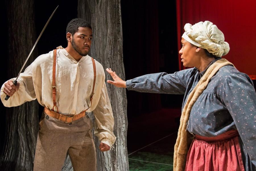 Right, Oh Beah (played by Carla Fleming) attempts to calm down Nate (played by Joshuah Johnson) in the Sacramento State theater department production of Flight. The play will be featured at Sac State until Nov.1. (Photo courtesy of the Sacramento State University theater department)