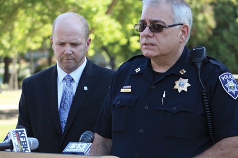 American River College President Thomas Greene, left, and Los Rios Police Department Capt. John McPeek address members of the media following the arrest Thursday of Kristofer Wayne Clark, 21, for allegedly threatening to carry out an attack on the ARC main campus. McPeek said the threat was deemed credible and that weapons were found inside Clark's home. (Photo by Barbara Harvey)