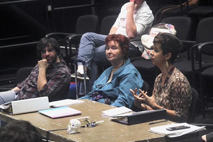 Delondra Williams, right,  answers questions from the cast of Skeleton Stories, a upcoming American River College production. Pamela  Downs, center, will be the second person to bring the play to the stage in its history. (Photo by Joseph Daniels)