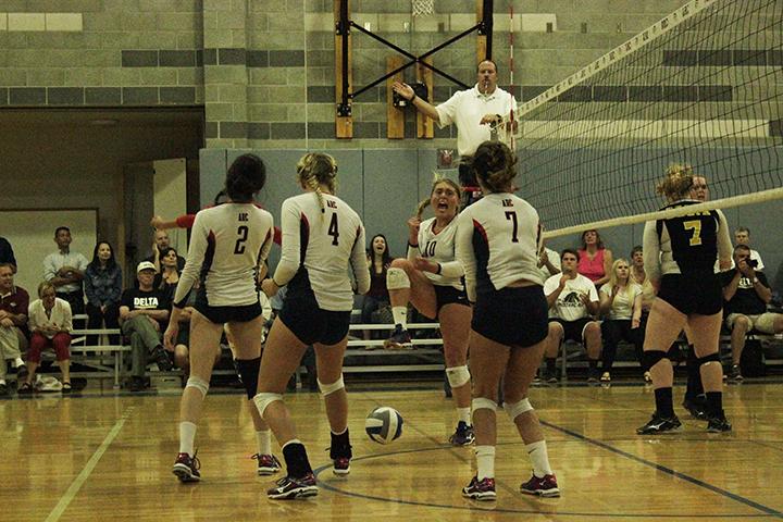 American River College outside hitter Kaitlin Meyer (10) celebrates during ARCs 3-2 win over San Joaquin Delta College. Meyer finished the game with 22 points and ARC extended to eight games. (Photo by Karen Reay)  