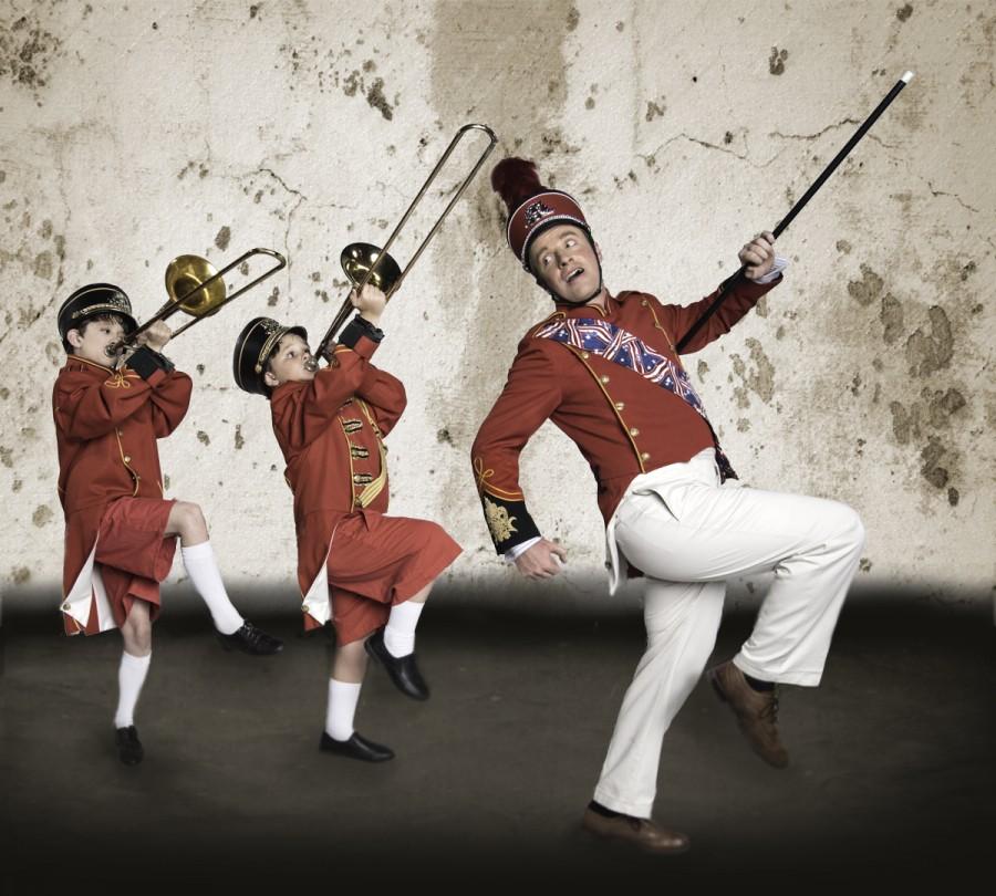 The lead actor for the American River College production of “The Music Man, Spencer Murrish, right, leads R.J. Morris, left, and Elliott Berryman, center, in a musical march. The production will continue through Oct. 25. (Photo courtesy of the American River College theater department) 