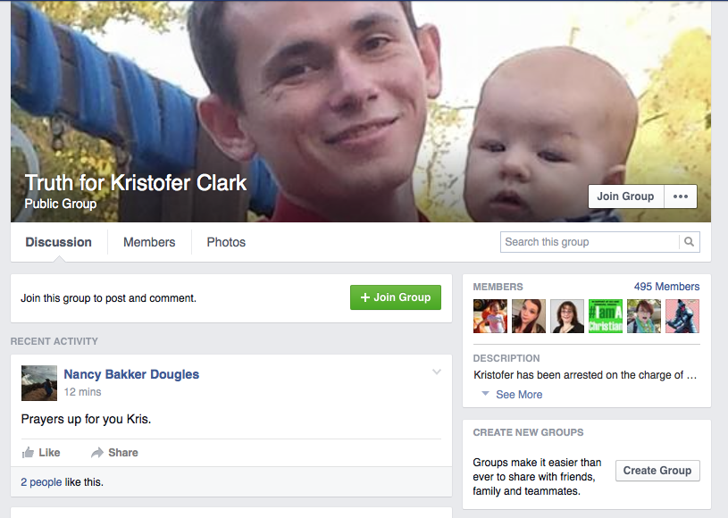 A+screenshot+of+the+Facebook+group+Truth+for+Kristofer+Clark+shows+a+message+of+support+for+21-year-old+Clark%2C+who+was+arrested+Thursday+night.+Within+three+days+of+news+of+Clarks+arrest%2C+the+group+has+grown+to+nearly+500+members.+%28Screen+grab+via+Facebook%29