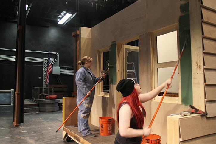 American River College students Alice Morgan, left, and Kori Einsel build the sets for the upcoming theater production of Music Man. That production will open on Oct. 9. (Photo by Ashlynn Johnson)