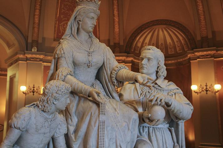 The marble sculpture Columbus Last Appeal to Queen Isabella sits under the rotunda of the California State Capitol. The sculpture was crafted by sculptor Larkin Goldsmith Mead at his studio near Florence, Italy and was donated to the capitol in 1883. (Photo by John Ferrannini)