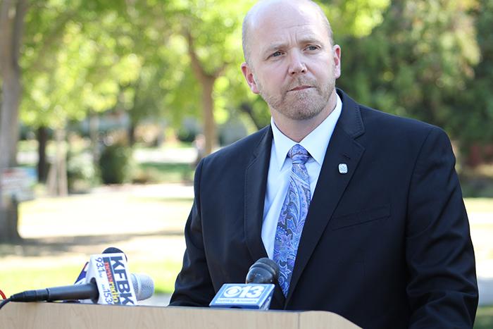 American River College President Thomas Greene spoke to the press Friday regarding the arrest of Kristofer Clark, a former ARC student, on charges of making a threat to the ARC campus. Police have not confirmed what exactly the threat was. (Photo by Barbara Harvey)