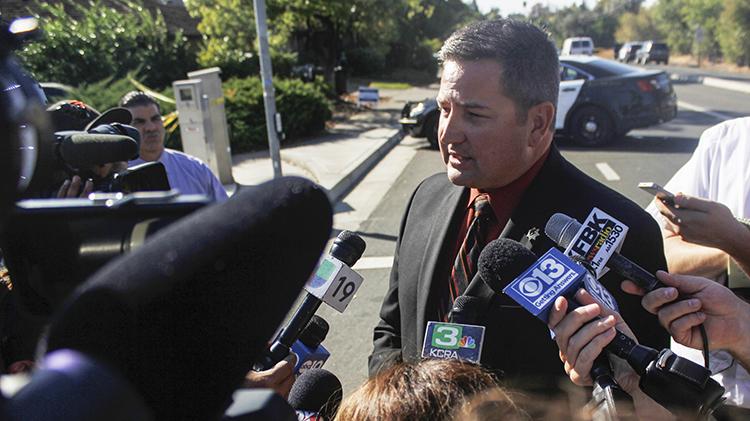Sacramento County Sheriff Scott Jones spoke to the press Thursday at the scene of a shooting that left one dead less than two miles from American River College. The deceased man shot at three police officers, who returned fire, said Jones. (Photo by Kevin Sheridan) 