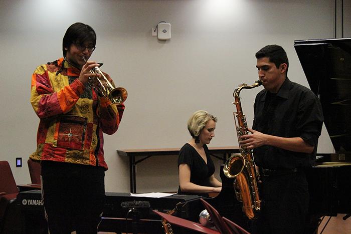 From left to right, Noah Flores, Lahre Shiflet and Daniel Bravo are a part of the group 547. The ensemble performed in a concert at the  Jazz Combos Showcase American River College on Nov. 6.  (Photo by Michael Pacheco)