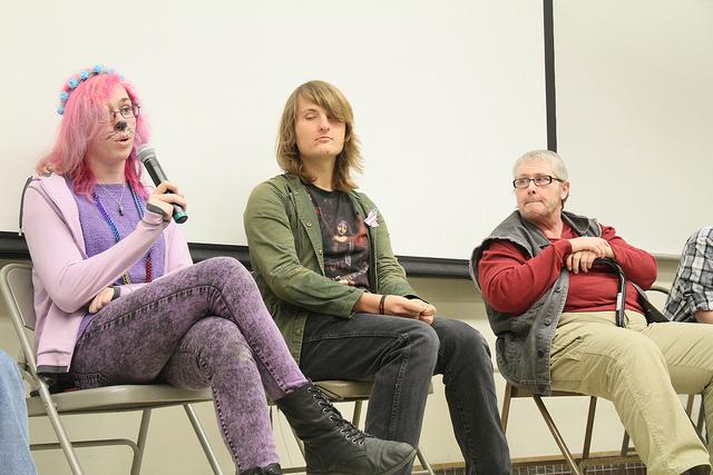 Kylie Marx (left), Zahra Kruk, and Shon Sutton, are speaking about their personal experiences in a Trans* Talk College Hour panel on Nov. 19.
(Photo by Michael Pacheco)