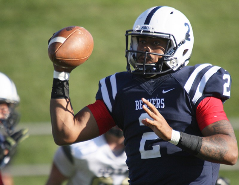 American River College quarterback Jihad Vercher searches for a receiver during the Gridiron Classic Bowl game against San Joaquin Delta College on Saturday, Nov. 21, 2015. Vercher committed to Tiffin University. (Photo by Barbara Harvey)