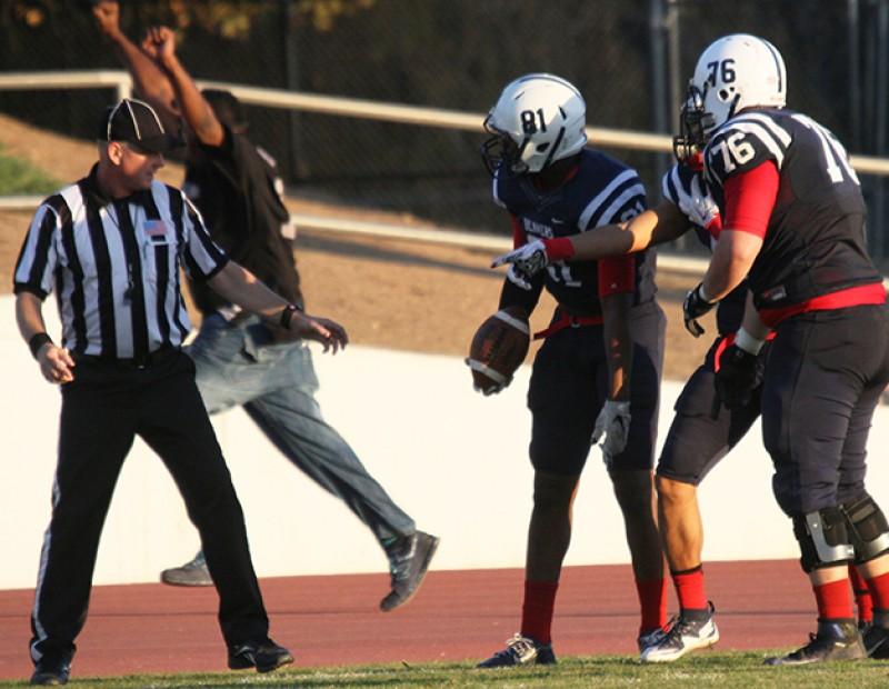 American River College wide receiver Malik Dumetz disputes the referee’s call that he was out-of-bounds during the final play of the Gridiron Classic Bowl against San Joaquin Delta College on Saturday. ARC lost 24-17 in overtime. (Photo by Barbara Harvey)