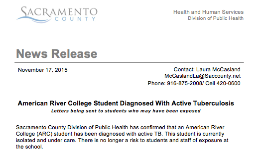 A news release from the Sacramento County Division of Public Health reports that an American River College student has been isolated after being diagnosed with tuberculosis. The department said that the risk of contraction for students and staff is low. (Screenshot from the Sacramento County Health and Human Services)