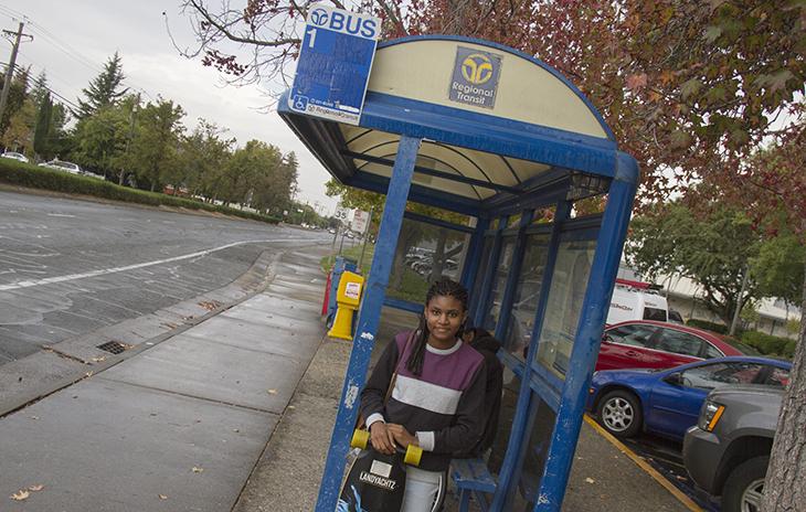 American River College student Monea Mitchell, 18, was the victim of a strong-arm robbery at the No. 1 bus stop on College Oak Drive, next to the main campus (Photo by John Ferrannini).