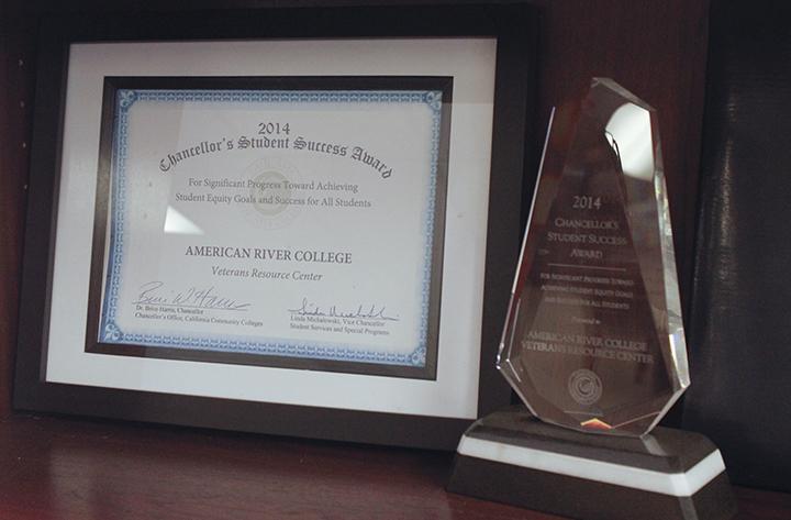 The 2014 Chancellors Student Success Award is displayed in the American River College Veterans Resource Center, which serves one of the largest communities of community college student veterans in the state (Photo by John Ferrannini).