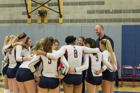 ARC's volleyball team huddles up during a timeout in game two of its win over Lassen College. ARC won the game 25-12 en route to a 3-0 victory in the match. (Photo by Joe Padilla)