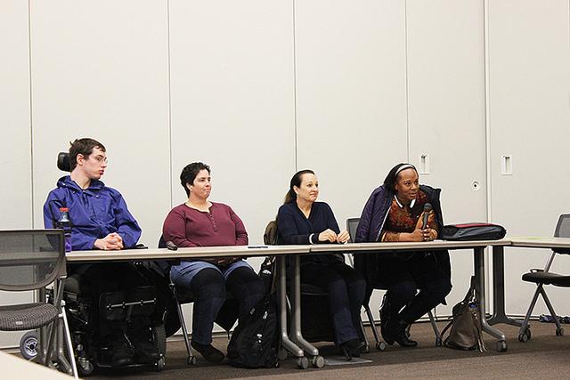 From left, Alex Fulton, Rene Flores-Jowell, Rene Bisnett, Michele Gobern talked about their hidden challenges to other students at Hidden Challenges College Hour Dec. 3. (Photo by Ashley Nanfria)