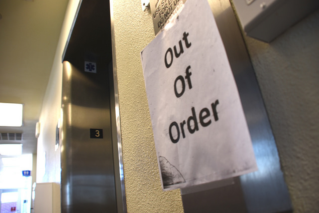 An out of order sign outside of third floor of the ARC school library warns students and staff of the broken elevator. The repairs were completed on Monday.
(Photo by Tracy Mapes)