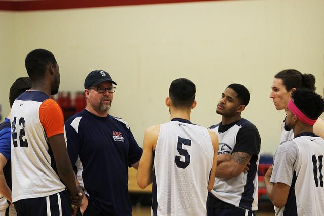 American River Colleges mens basketball head coach Mark Giorgi talked to some of his players, during practice Thursday. The team will play its sixth conference game of the season against Sierra College Friday. 
Photo by Matthew Nobert