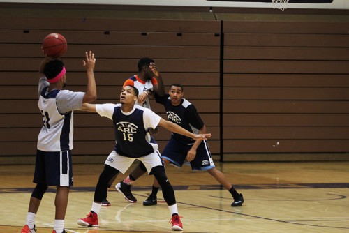 American River College guard Marcelas Perry practiced with guard Anthony Jones and others, during practice Thursday. The team will play its sixth BIG8 conference game against Sierra College Friday.  Photo by Matthew Nobert