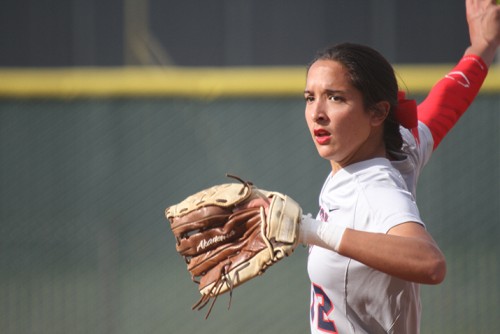 American River College's starting pitcher Sharie Albert winds up her pitch during ARC's 6-3 win over Lassen College at home on Feb. 25, 2016. (Photo by Jordan Schauberger)