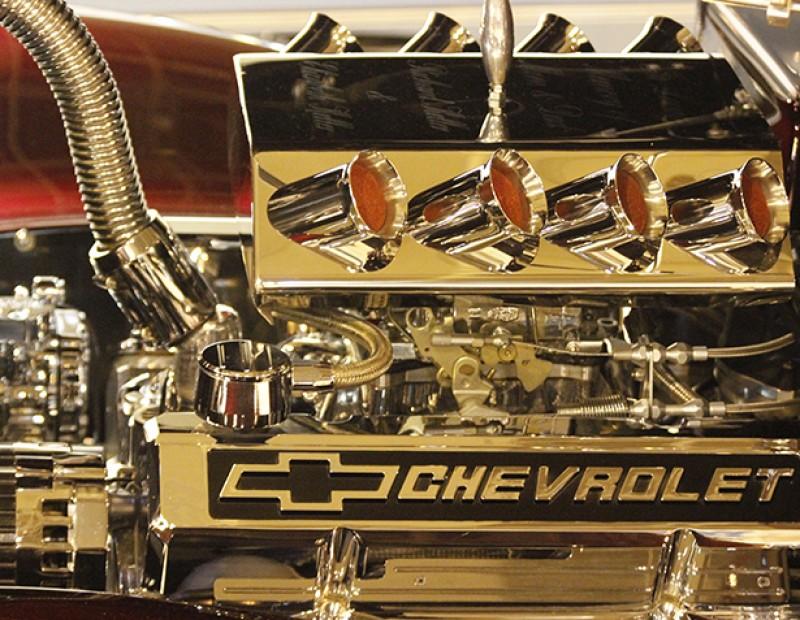 An eight cylinder Chevrolet engine inside one of the cars on display at the Sacramento Auto Rama held at Cal Expo on Feb.12, 2016