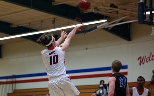 American River College forward Austin Lobo shoots a mid-range jumpshot during a loss to Modesto College. ARC dropped its final home game of the season to Modesto by the final score of 85-67 at American River College on Feb. 11 2016. (Photo by Kyle Elsasser)