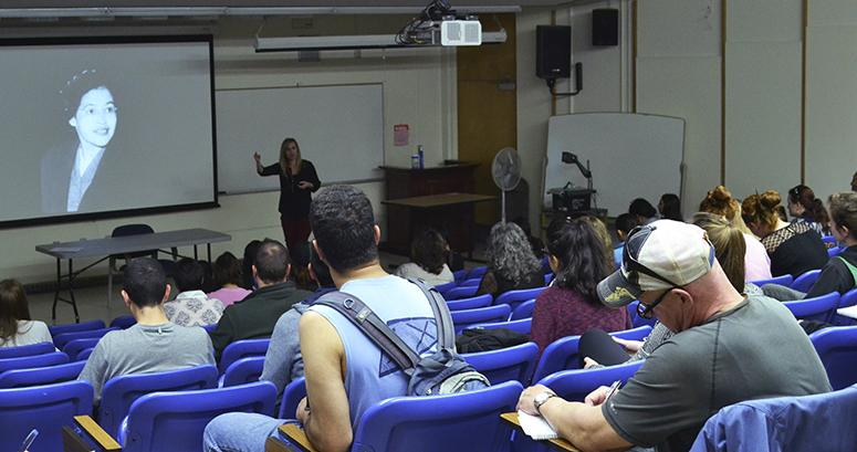 ARC history professor Abigail Feely speaks at the Rosa Parks celebratory presentation at American River College in Sacramento, California on Feb.11. The Rosa Parks celebration was a college hour event celebrating Rosa Parks day and black history month. (Photo by Allante Morris)