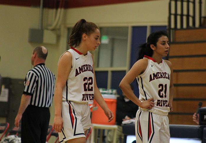 American River College guards Halle Hamre and Abigail Herrera walk off the court following their playoff game against Skyline College on Wednesday Feb. 24, 2016. ARC lost 78-59. (Photo by Mack Ervin III)