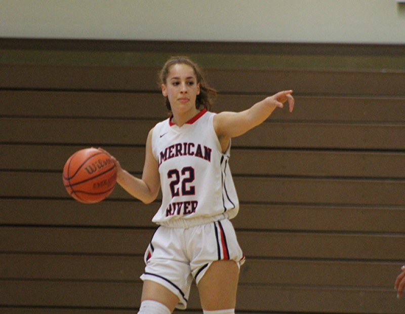 American River College guard Halle Hamre points directions to teammates during a playoff game against Skyline College on Wednesday Feb. 24, 2016. ARC lost 78-59. (Photo by Mack Ervin III)