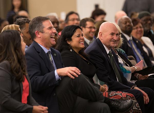 Dr. Maya Soetoro-Ng, the half-sister of President Barack Obama, laughs while she is being introduced to the audience at CSU Sacramento on Feb. 25 2016. (Photo by Kyle Elsasser)