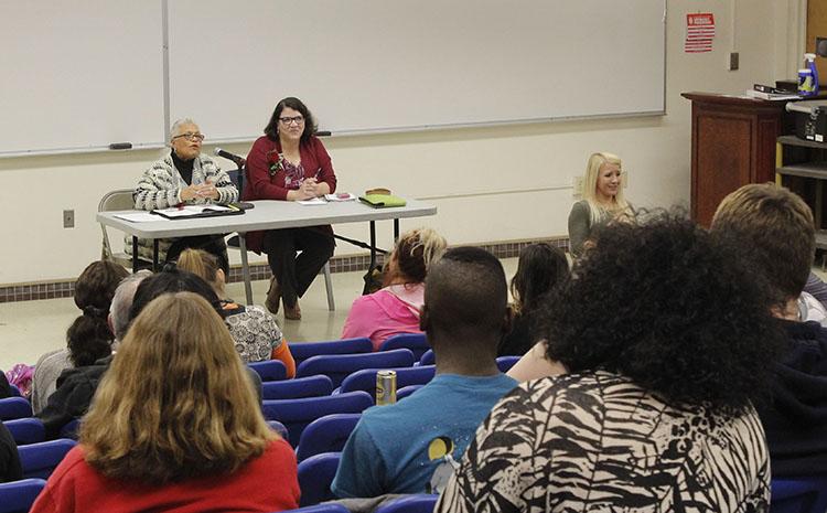 Former legislative analyst and Assembly staff member Pamela Haynes and former State Senator Deborah Ortiz during college hour at American River College on March 3. The two women were honored for there public service. (Photo by Sharriyona Platt)