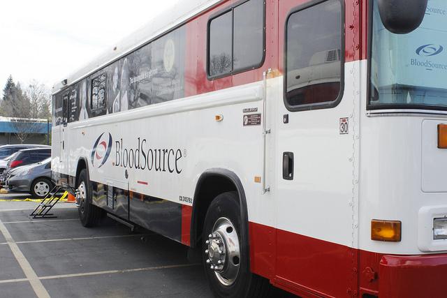 One of the two Blood Source trucks parked on the American River College campus for the Blood Drive being held March 1 and 2, 2016.   (Photo by Bailey Carpenter)