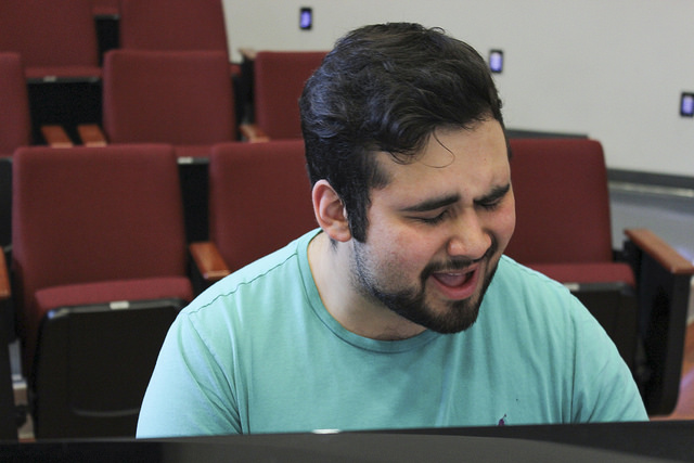 Lead baritone for ARCs vocal jazz ensemble, Gabe Catabran, rehearses Love Wins on March 10, 2016 as he prepares for upcoming jazz festival in Monterey. (Photo by Shiavon Chatman)