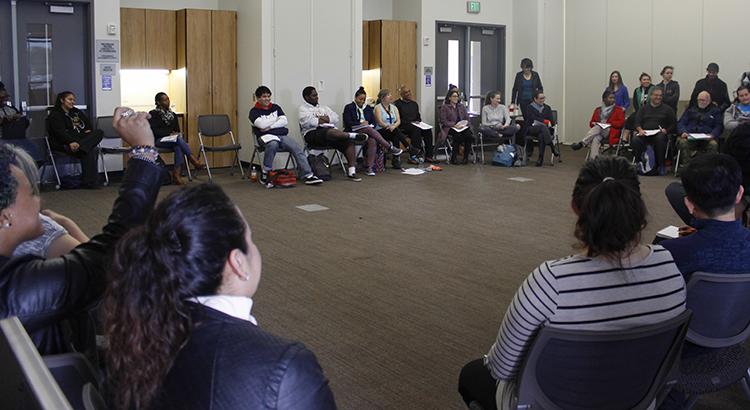 American River College students ask each other questions during the Brave Space meeting at American River College in Sacramento, California on Mar. 9 2016. The Brave Space meeting discussed micro-aggressions among races and cultures. (Photo by Kyle Elsasser)