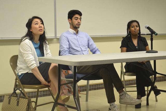 Speakers Linda Hong, Omar Mahmi, and Semira Deneka discuss their backgrounds and experiences as immigrants  during college hour on March 17. (Photo by Sharriyona Platt)