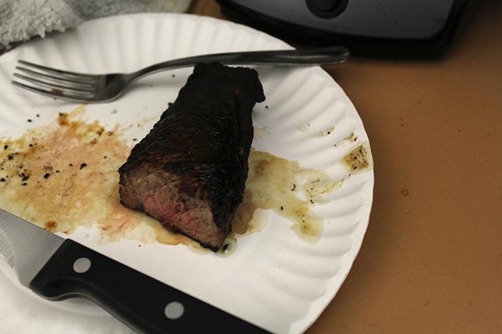 A midly burnt and mildly undercooked piece of steak briefly set off the fire alarm in Liberal Arts 152 Staff. (Photo by Mack Ervin III)