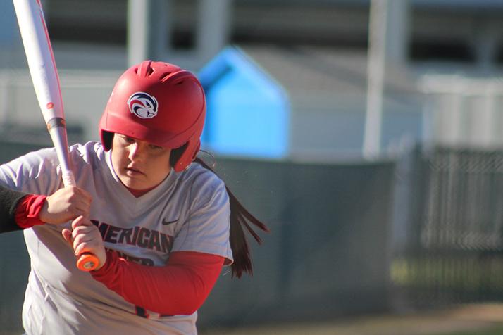 American River College infielder Alexandra Pudlo stares down a pitch thrown during a game against Napa Valley College on Mar. 1, 2016 at ARC. ARC won 7-3. (Photo by Mack Ervin III)