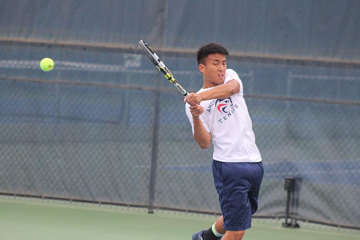 American River Colleges Cody Duong hits a ball during a game against Solano College on March 8, 2016 at ARC. Duong won his game 6-3, 3-0. (Photo by Mack Ervin III)