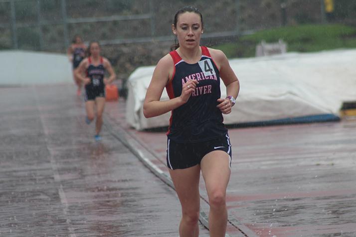 American River College runner Jaclyn Leduc competes in the womens 5000 meter run during the 31st annual Beaver Relays on March 4, 2016 at ARC. Leduc finished 2nd in the event. (Photo by Robert Hansen)