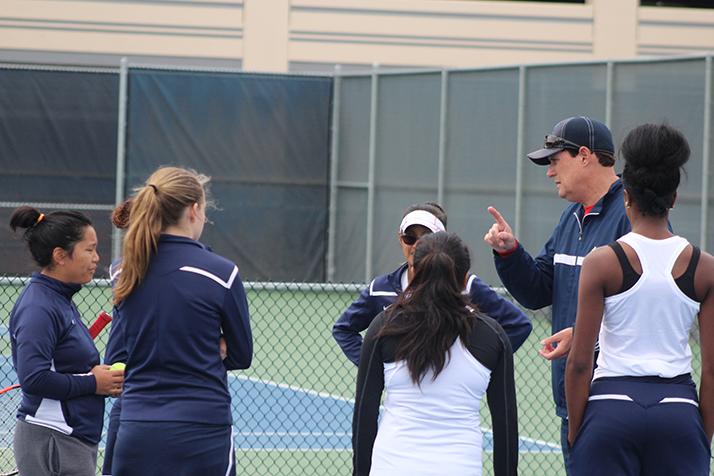American River Colleges womens tennis coach Steven Dunmore talks with the team during an intermission of their game against Shasta College on March 8, 2016 at ARC. ARC lost to Shasta 6-1. (Photo by Mack Ervin III)