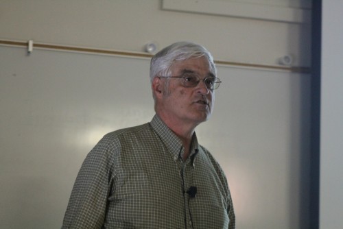Steve Running, who received a doctorate in forest ecophysiology speaking during a lecture on the effects on climate change and new energy developments in Raef Hall at American River College on April 21, 2016. Running was a board member of the Intergovernmental Panel on Climate Change (IPCC) what it was awarded the Nobel Peace Prize, along with former Vice President Al Gore in 2007. (Photo by Mack Ervin III)