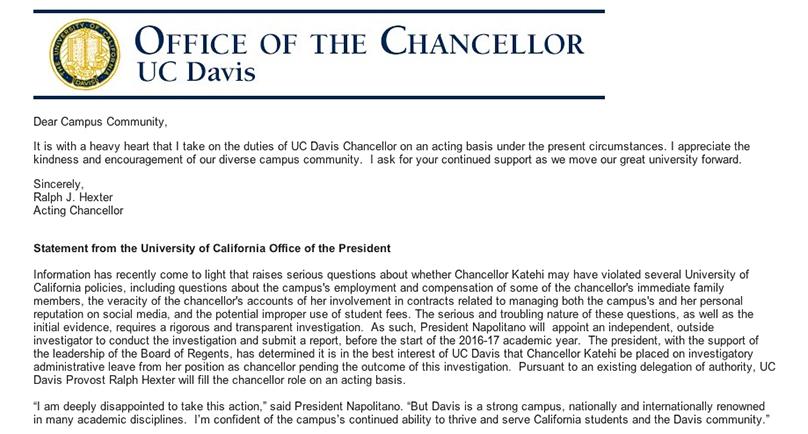 UC Davis chancellor Linda Katehi was placed on investigatory administrative leave following allegations that she violated several University of California policies. UCD provost Ralph Hexter will fill in as acting chancellor. (Screengrab from email sent to UCD faculty, students and staff)