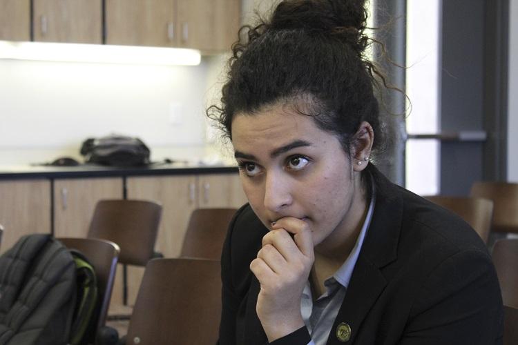 SSCCC President Dalhia Salem listens to board discussion  at the Student Senate meeting in the ARC Board Room on March 31, 2016. Salem, a Foothills College student, came to the meeting to present the Advocacy in April event to the Student Senate. (Photo by Robert Hansen)
