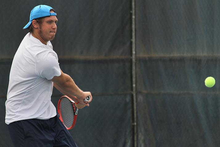 American River College mens tennis player Alex Meliuk looks to return the ball during one of his matches at the NorCal Semifinals against Chabot on April 12, 2016 at American River College. Meliuk left Belarus at age 19 to come to the United States for more opportunities. (Photo by Matthew Nobert)