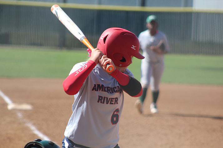 American River College shortstop Sara Cater prepares to swing during a game against Diablo Valley College on April 23, 2016 at ARC. ARC won 7-6. (Photo by Mack Ervin III)