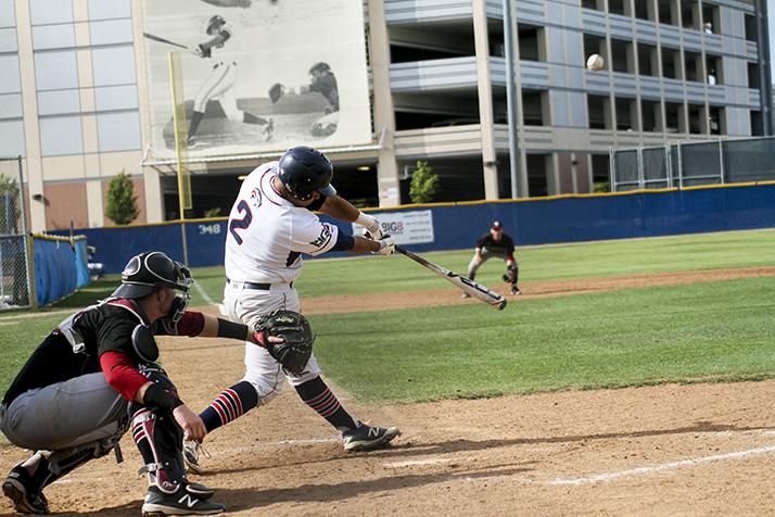 American River College catcher Joaquin Sequeira hits the ball during a game against Sierra College at ARC stadium on April 7,2016. The Beavers lost the game 9-3. (Photo by Itzin Alpizar)