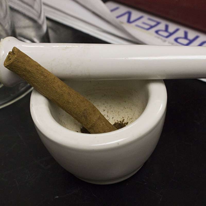 A whole cinnamon stick sits ready to be ground up for distillation. Students extracted the essential oil, cinnamaldehyde, from the sticks in their organic chemistry lab. (Photo by Timothy Lipuma)