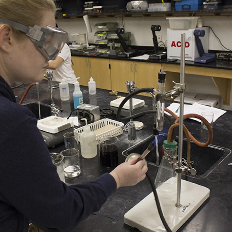 Taylor Tufto uses a bunsen burner to sublimate caffeine onto the coldfinger. Tufto collected the crystals for further analysis and verification of lab results. (Photo by Timothy Lipuma)