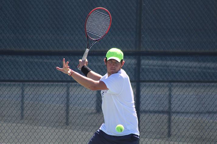 American River Colleges Alex Meliuk prepares to swing at a ball during a playoff match against #8 ranked Modesto Junior College on April 5, 2016 at ARC. Meliuk and the #1 ranked Beavers advanced to the semifinals after a 5-0 win. (Photo by Mack Ervin III)