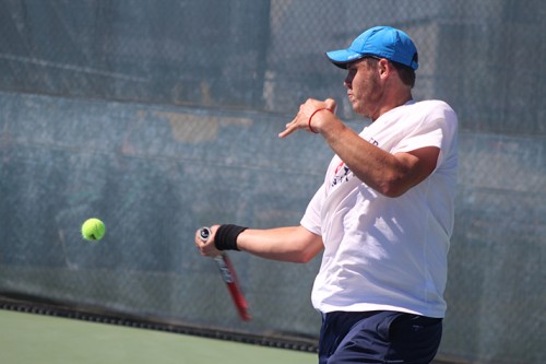 American River College's Alex Meliuk hits a ball during a game against Foothill College's Igor Pissarenko at the NorCal Tournamet Final on April 16, 2016 at ARC. Meliuk won the match 6-0, 6-3 as ARC went on the become NorCal Champions. (Photo by Mack Ervin III)